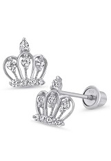 little silver crown baby screw back earrings